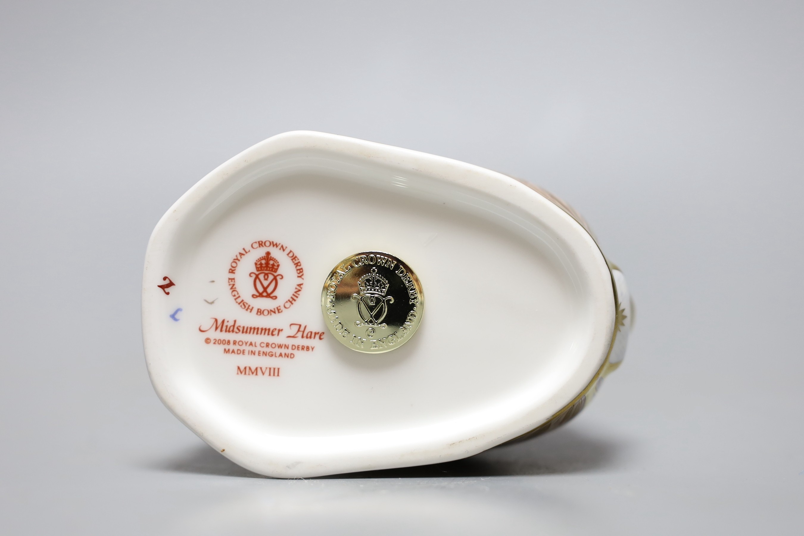 A Royal Crown Derby paperweight - Midsummer Hare, gold stopper, boxed, no certificate